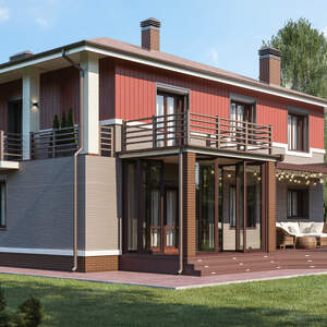 Современный фасад с террасой с отделкой Cedral