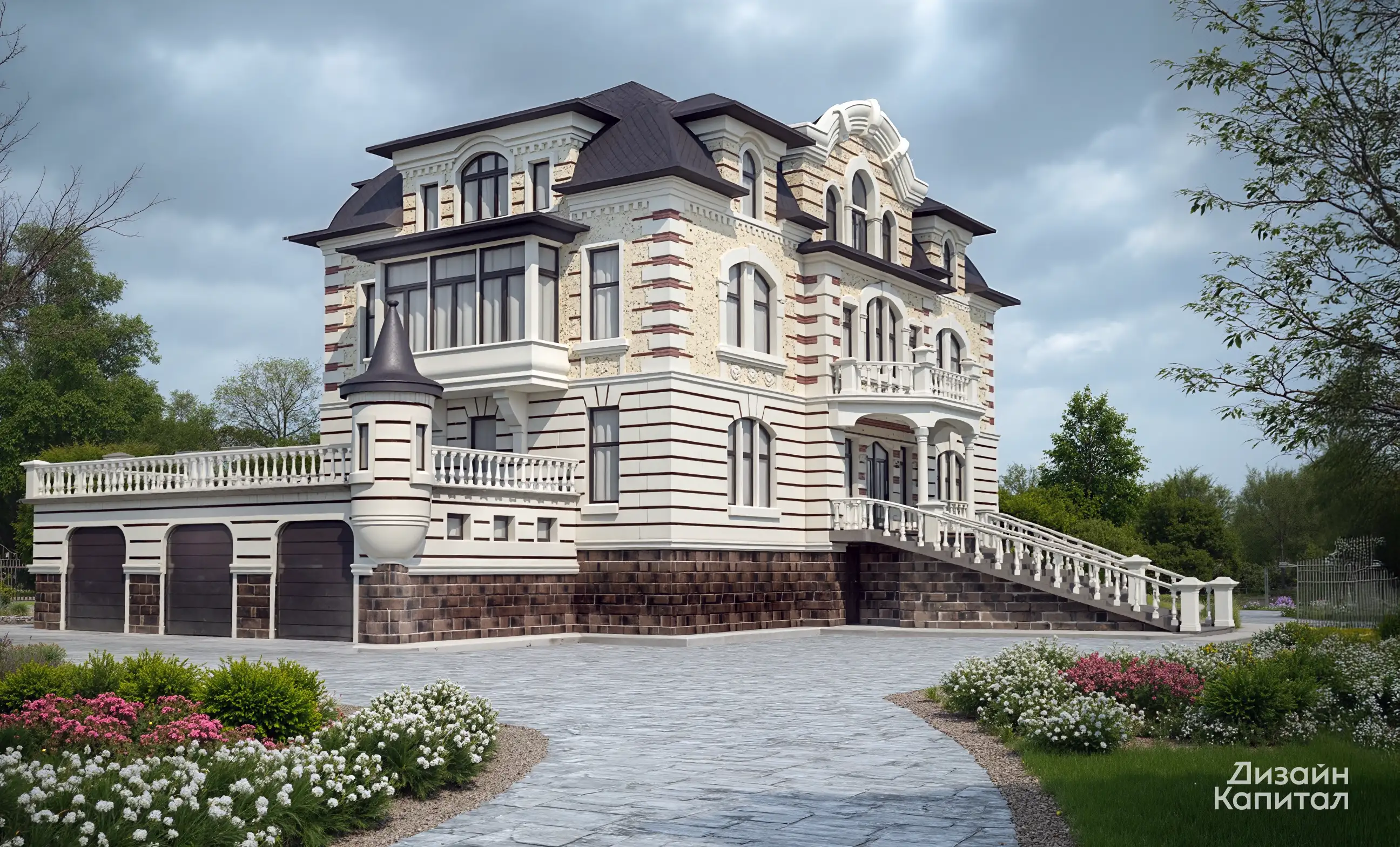 Фасад трехэтажного дома во фландрийском стиле с пышным декором и большим гаражом