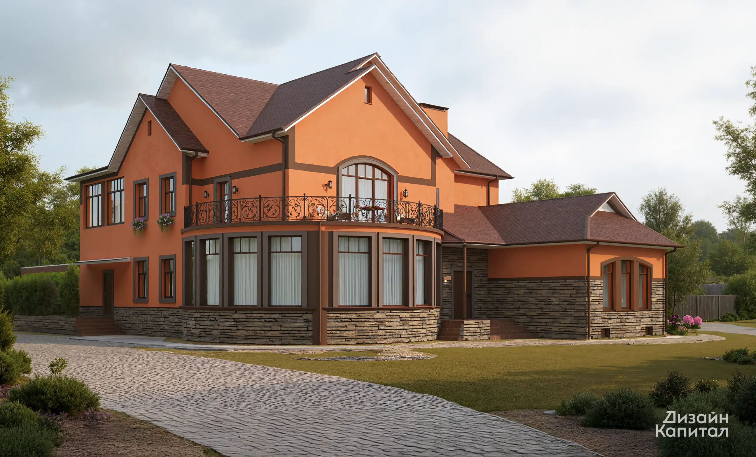 Фасад дома оранжевого цвета