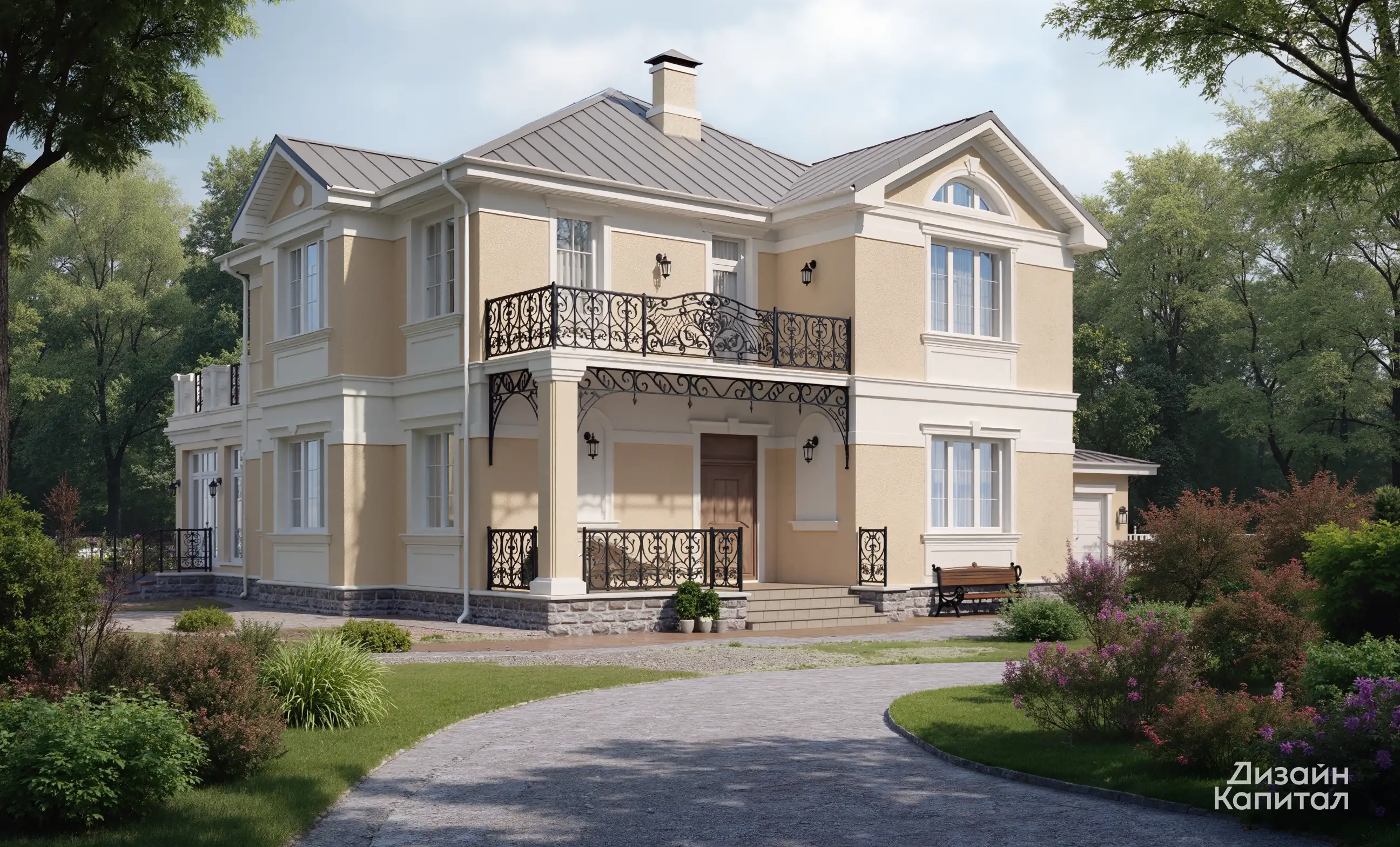 Проект бежевого фасада в стиле ампир