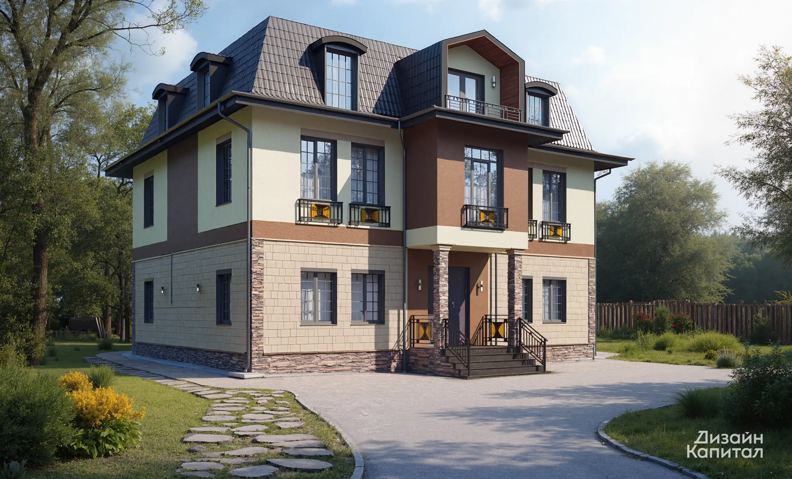 Проект фасада дома с мансардой. Ограждения из металла и цветного стекла