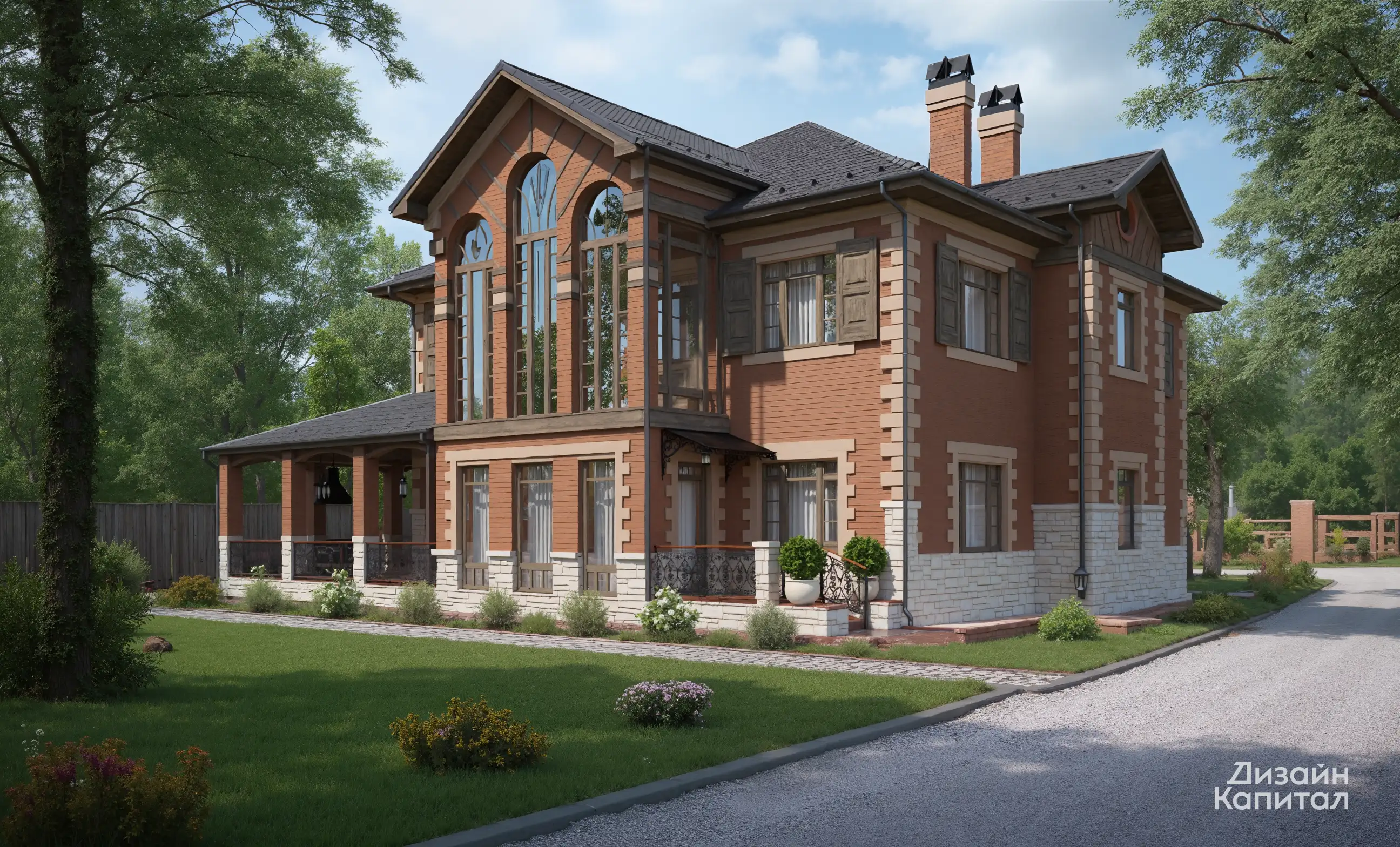 Кирпичный фасад дома в готическом стиле, в Московской области. Цоколь из белого камня