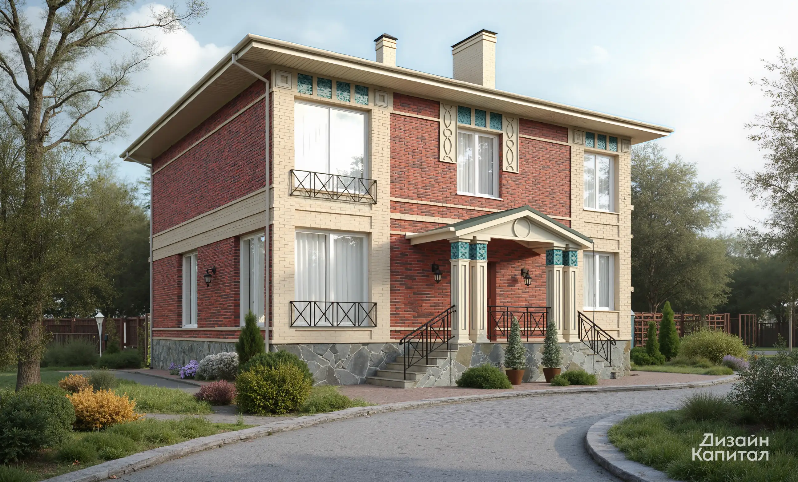 Фасад кирпичного дома с портиком и декоративными вставками. Бирюзовая мозаика