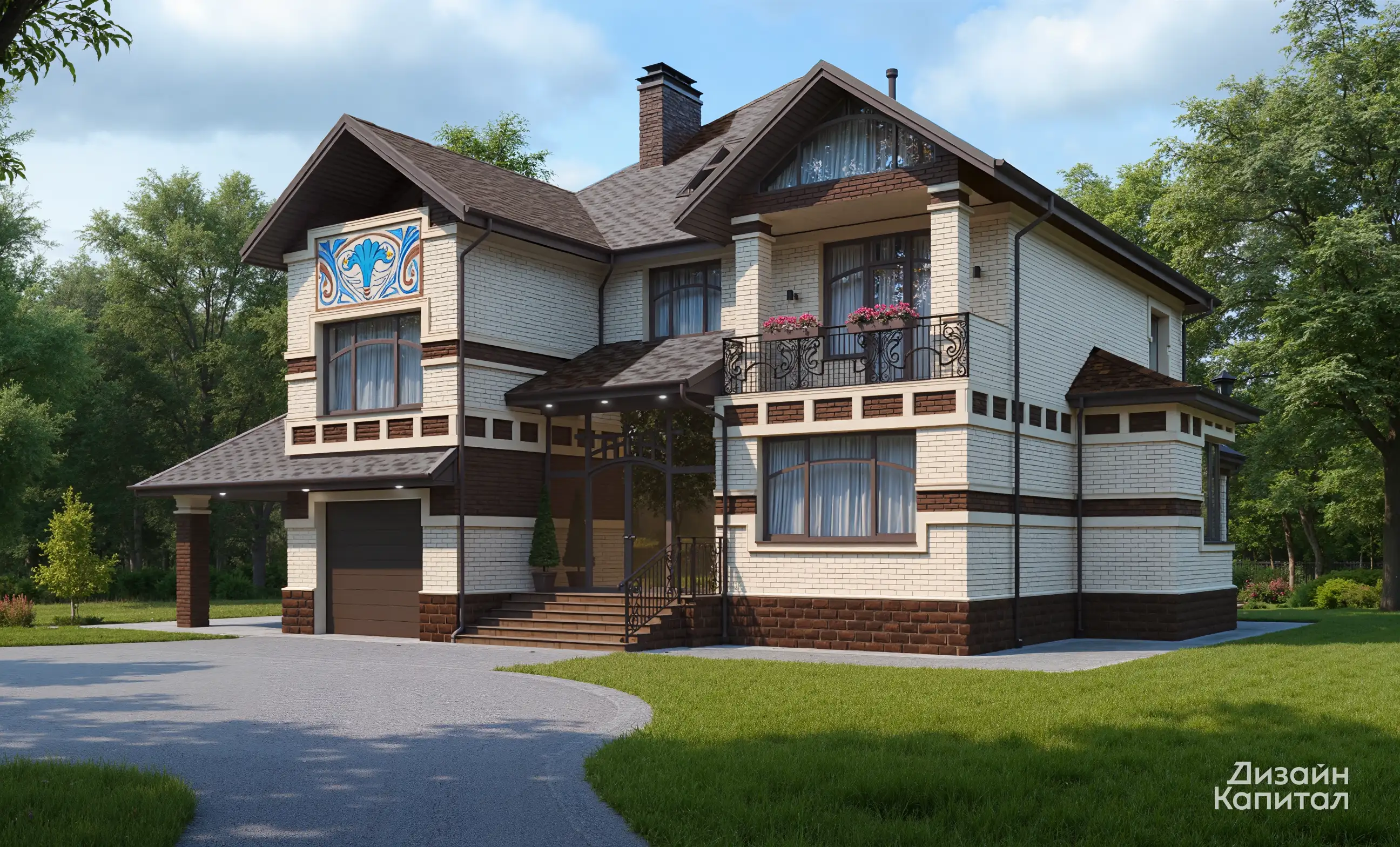 Проект фасада с мозаикой. Бежевый кирпич, голубая крыша