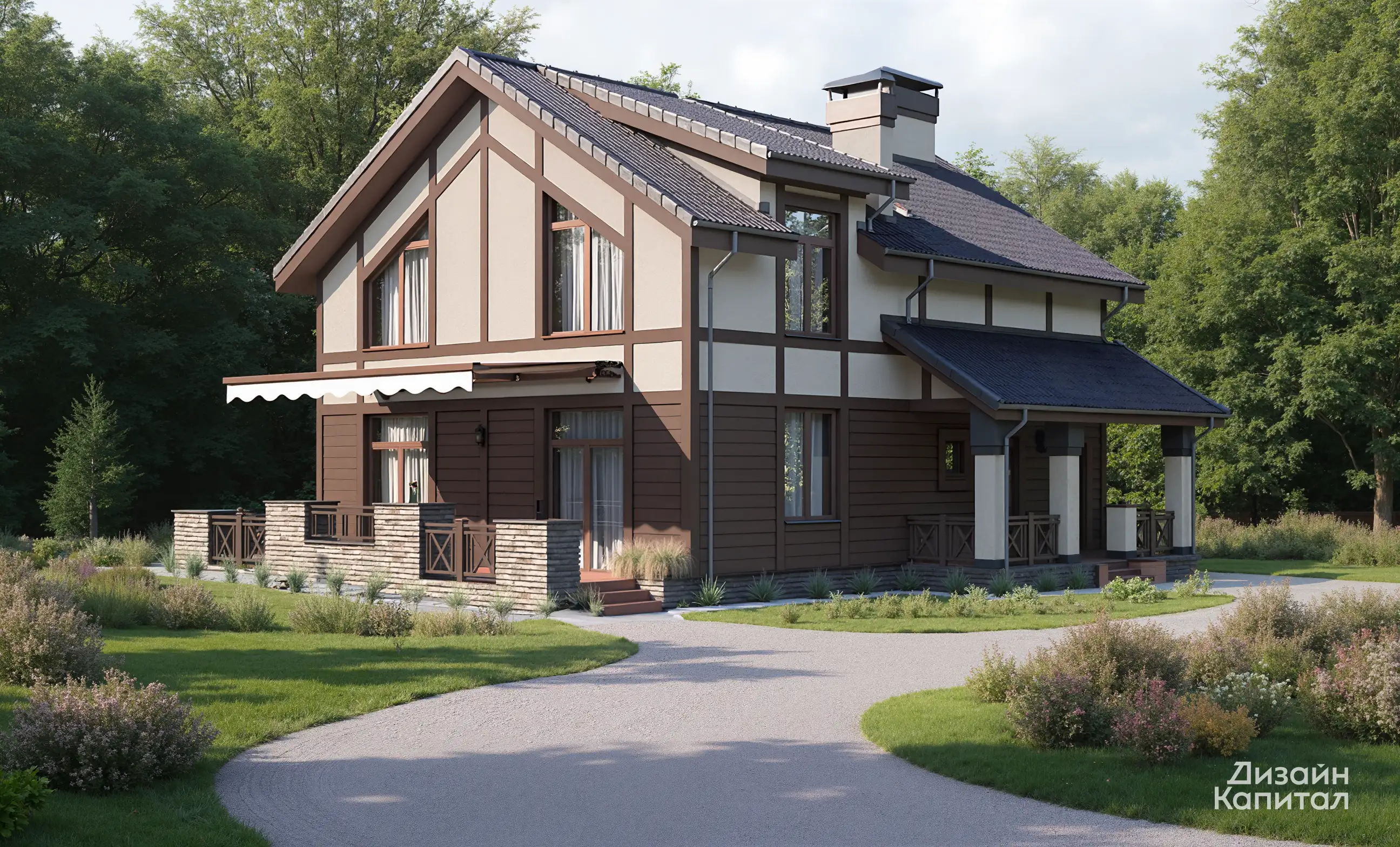 Фасад небольшого дома фахверк. первый этаж коричневая доска, второй светло-бежевая штукатурка